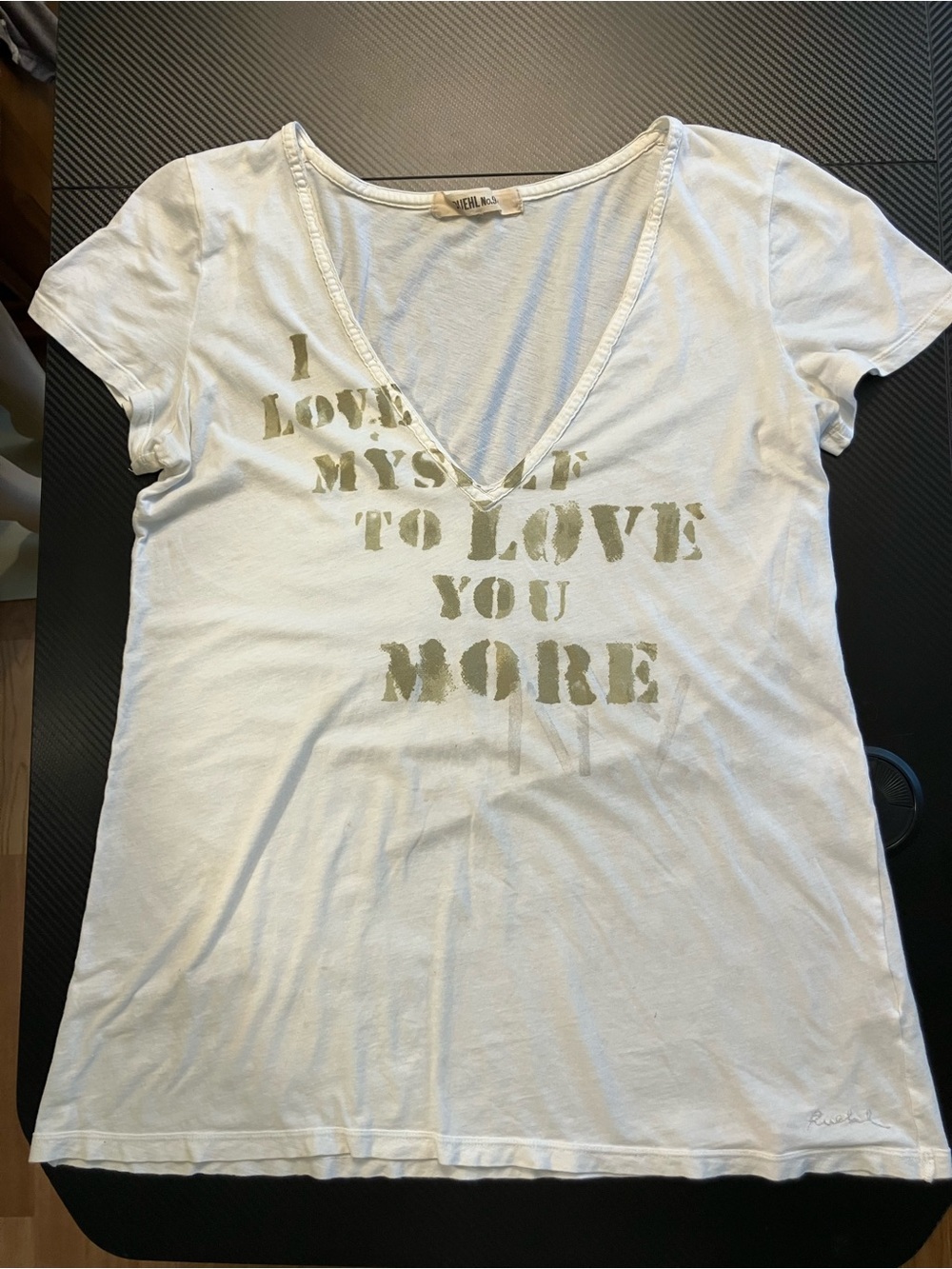 White Cotton V-Neck Graphic Tee with Olive Print